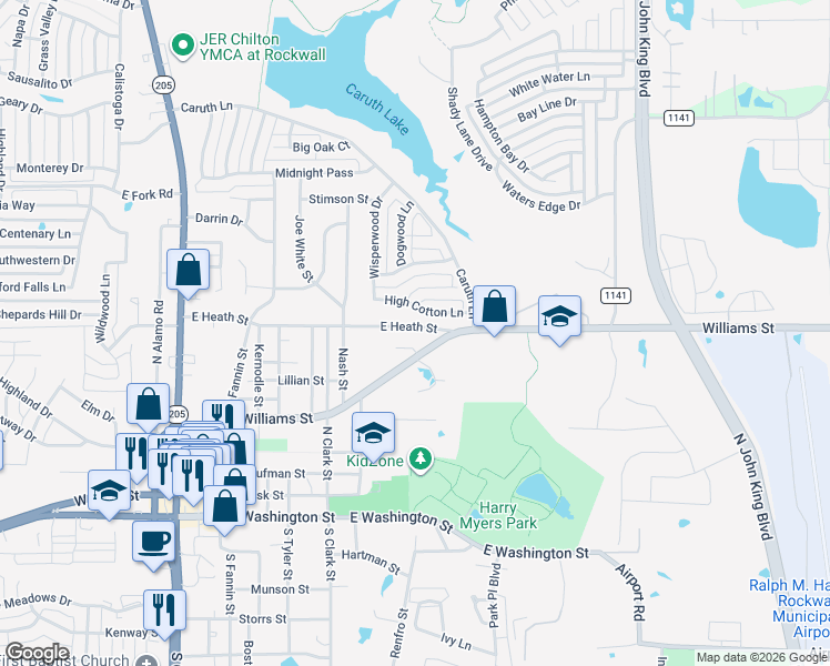 map of restaurants, bars, coffee shops, grocery stores, and more near 877 High Cotton Lane in Rockwall