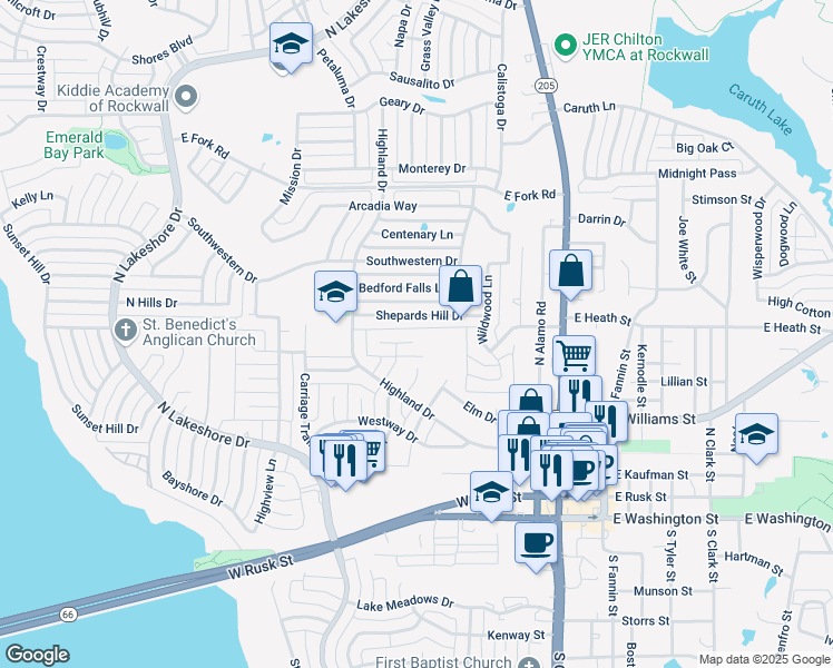map of restaurants, bars, coffee shops, grocery stores, and more near 322 Shepards Hill Drive in Rockwall
