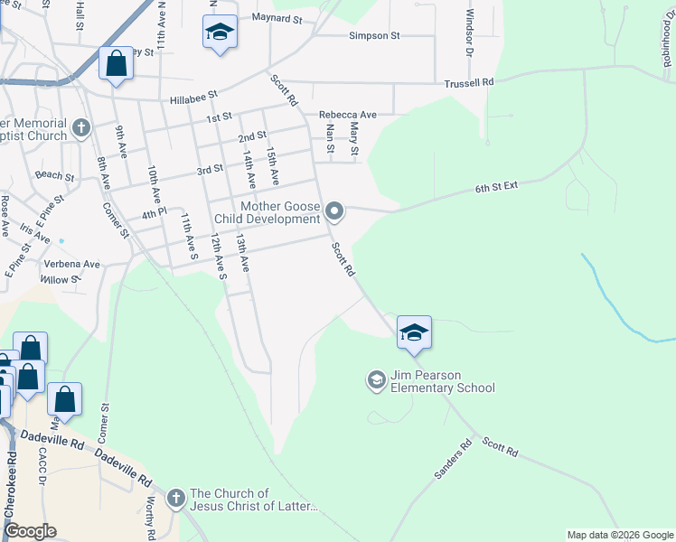 map of restaurants, bars, coffee shops, grocery stores, and more near 758 Scott Rd in Alexander City