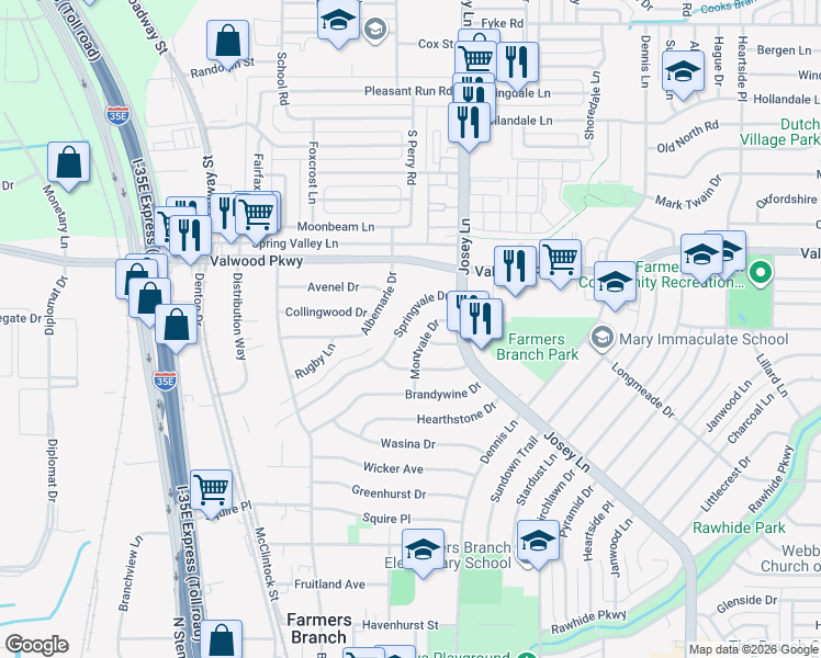 map of restaurants, bars, coffee shops, grocery stores, and more near 2630 Springvale Drive in Farmers Branch