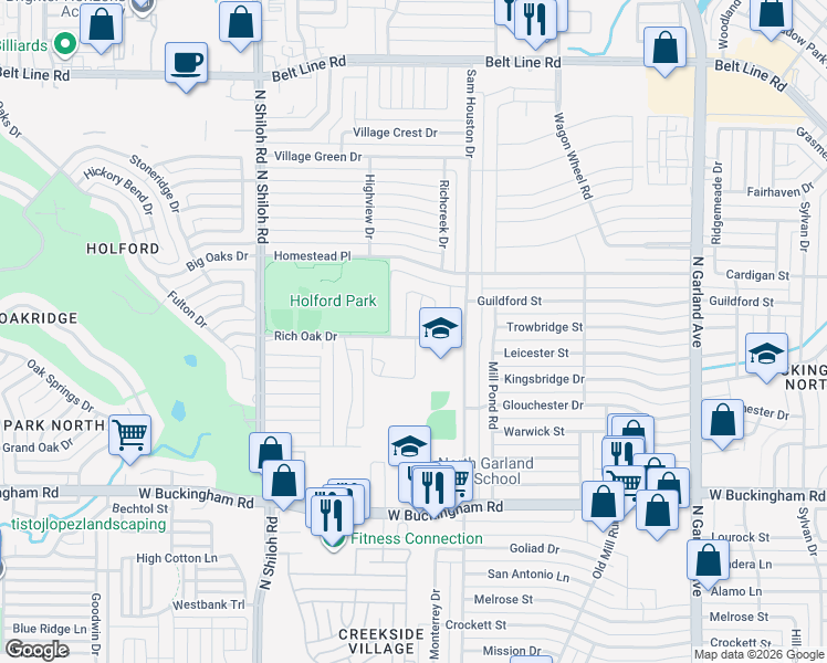 map of restaurants, bars, coffee shops, grocery stores, and more near 2436 Richview Court in Garland