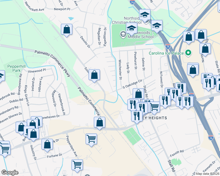 map of restaurants, bars, coffee shops, grocery stores, and more near 7609 Crossgate Boulevard in North Charleston