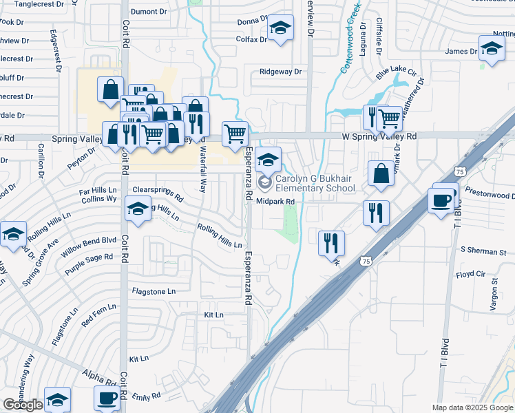 map of restaurants, bars, coffee shops, grocery stores, and more near 13750 Esperanza Road in Dallas