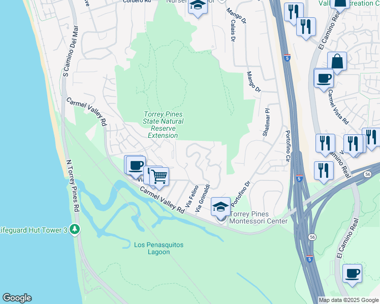 map of restaurants, bars, coffee shops, grocery stores, and more near 13035 Via Grimaldi in Del Mar