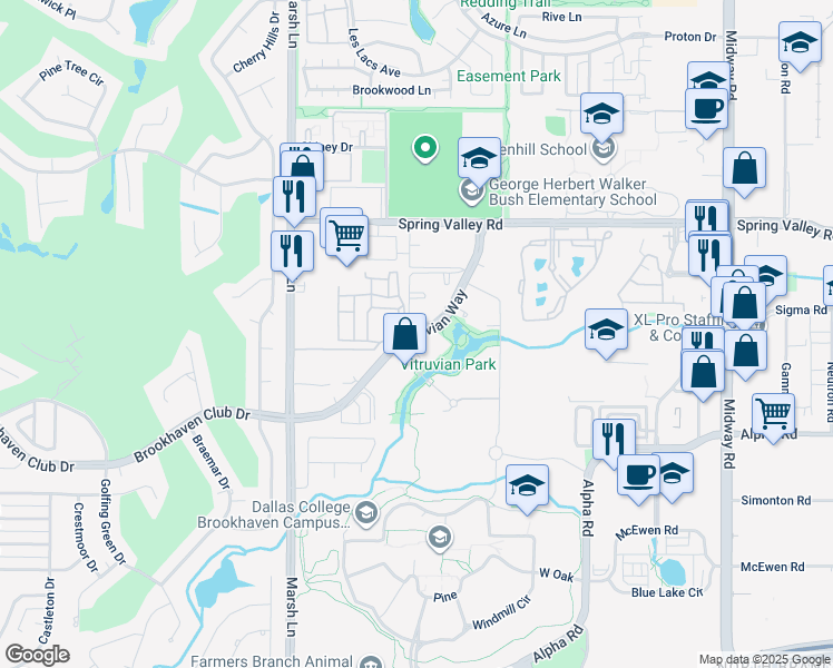 map of restaurants, bars, coffee shops, grocery stores, and more near 3950 Vitruvian Way in Addison