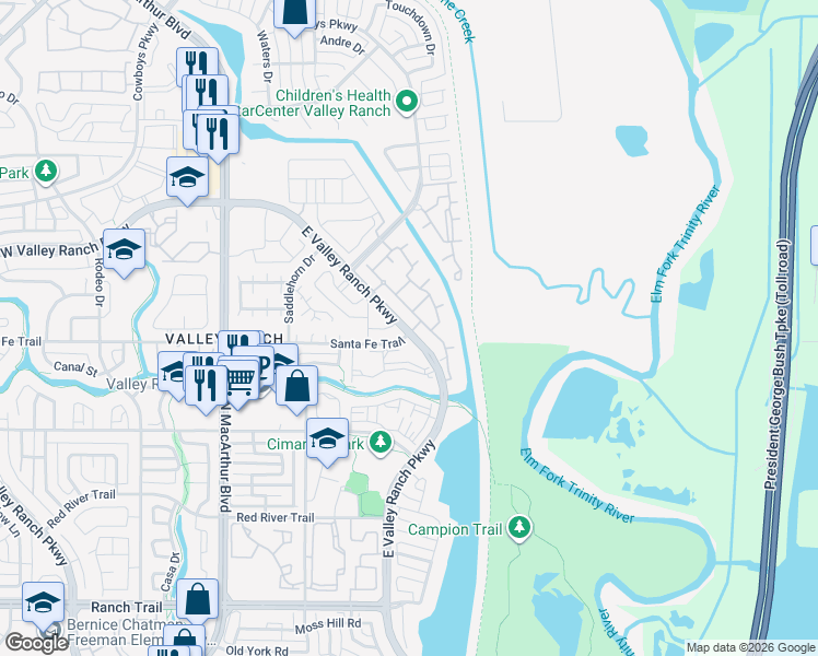 map of restaurants, bars, coffee shops, grocery stores, and more near 9492 Valley Ranch Parkway East in Irving