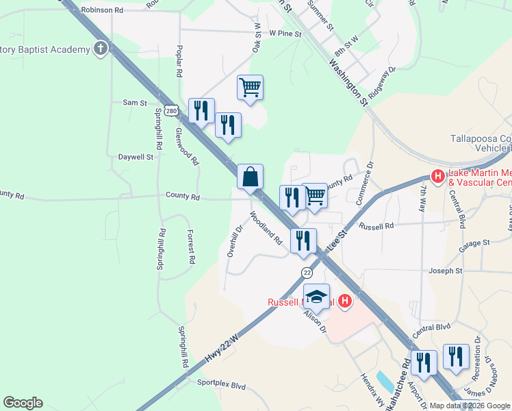 map of restaurants, bars, coffee shops, grocery stores, and more near 1736 County Road in Alexander City