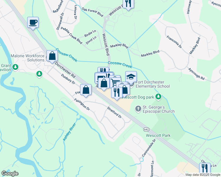 map of restaurants, bars, coffee shops, grocery stores, and more near 9500 Old Glory Lane in Summerville