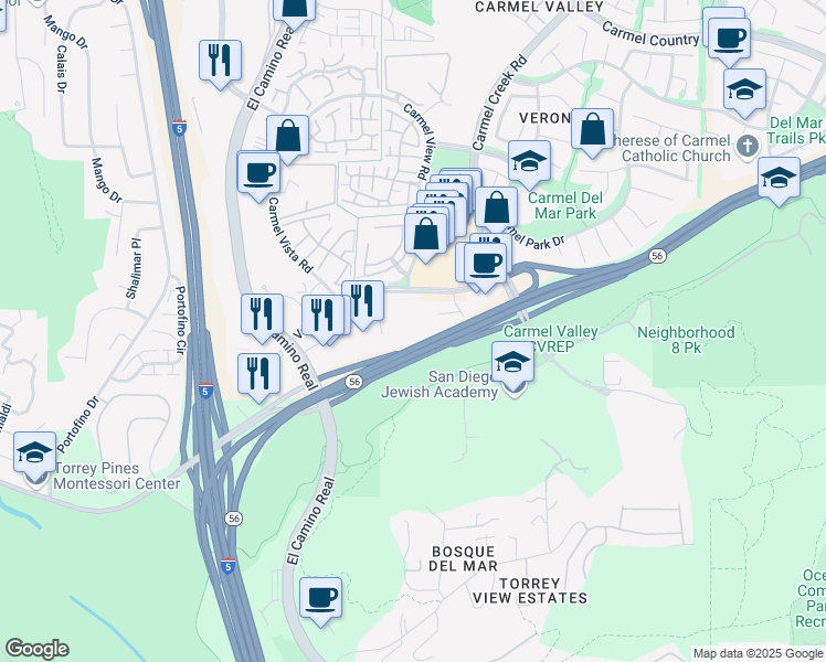 map of restaurants, bars, coffee shops, grocery stores, and more near 3721 Valley Centre Drive in San Diego