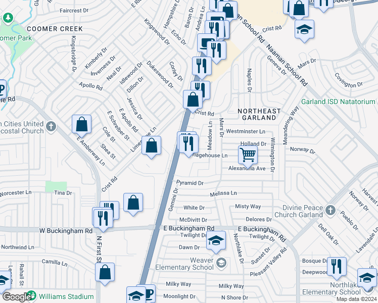 map of restaurants, bars, coffee shops, grocery stores, and more near 645 Carriagehouse Lane in Garland