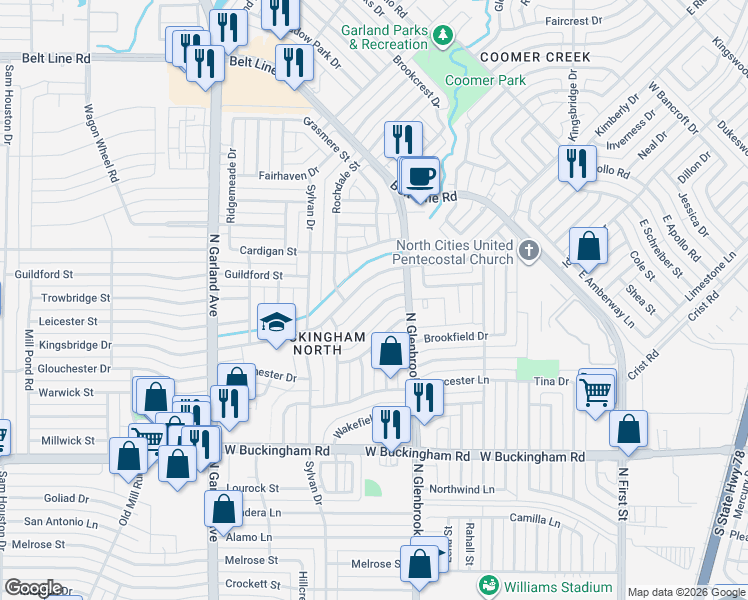map of restaurants, bars, coffee shops, grocery stores, and more near 909 Kingsbridge Drive in Garland