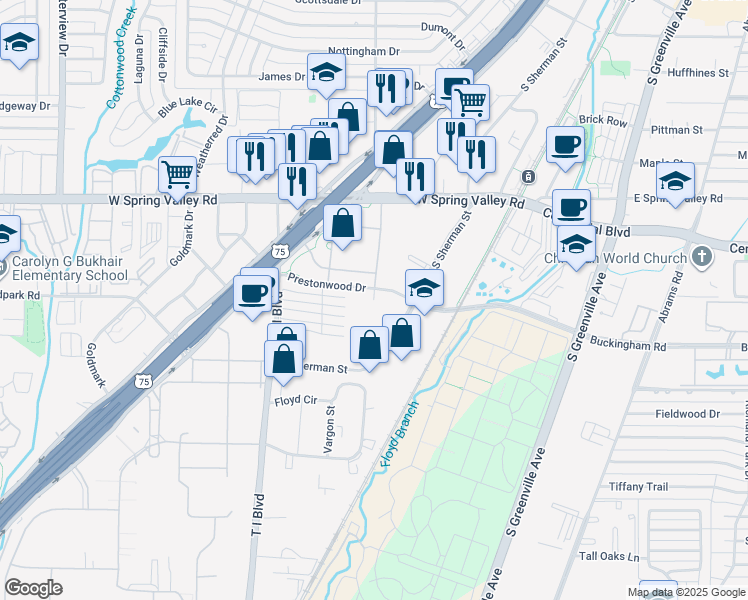 map of restaurants, bars, coffee shops, grocery stores, and more near in Richardson