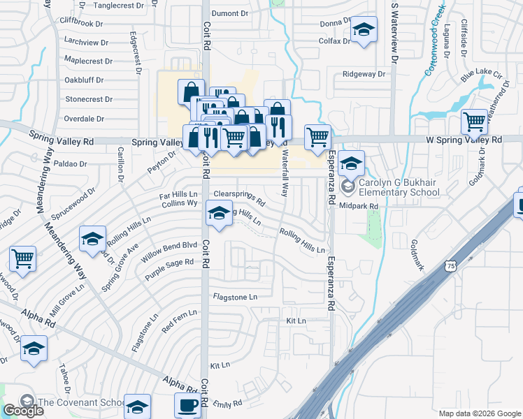 map of restaurants, bars, coffee shops, grocery stores, and more near 8149 Clearsprings Road in Dallas