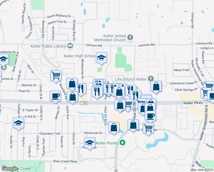 map of restaurants, bars, coffee shops, grocery stores, and more near 203 Pate Orr Road North in Keller