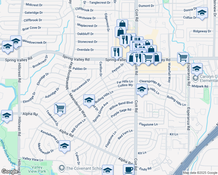 map of restaurants, bars, coffee shops, grocery stores, and more near 13910 Far Hills Lane in Dallas