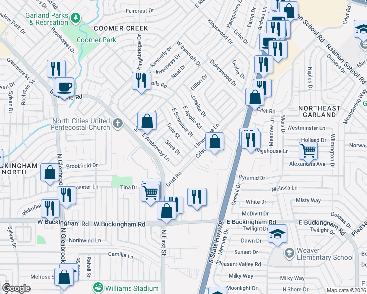 map of restaurants, bars, coffee shops, grocery stores, and more near 310 East Schreiber Street in Garland