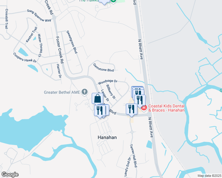 map of restaurants, bars, coffee shops, grocery stores, and more near 7023 Bellflower Lane in Hanahan
