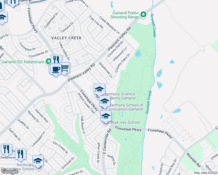 map of restaurants, bars, coffee shops, grocery stores, and more near 2216 Forestbrook Drive in Garland