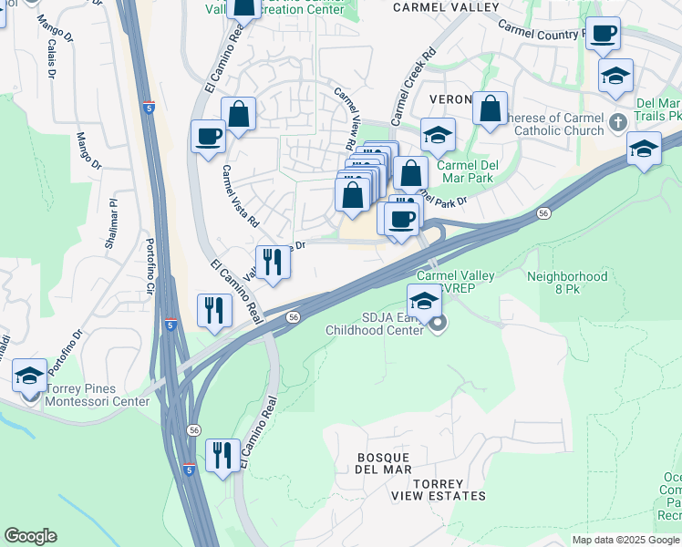 map of restaurants, bars, coffee shops, grocery stores, and more near 3721 Valley Centre Drive in San Diego