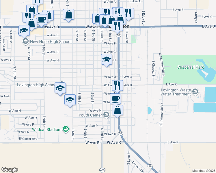 map of restaurants, bars, coffee shops, grocery stores, and more near 1118 South 1st Street in Lovington