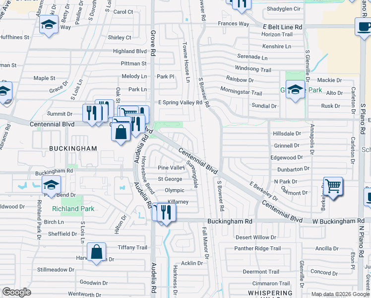 map of restaurants, bars, coffee shops, grocery stores, and more near 807 Oakway Court in Richardson