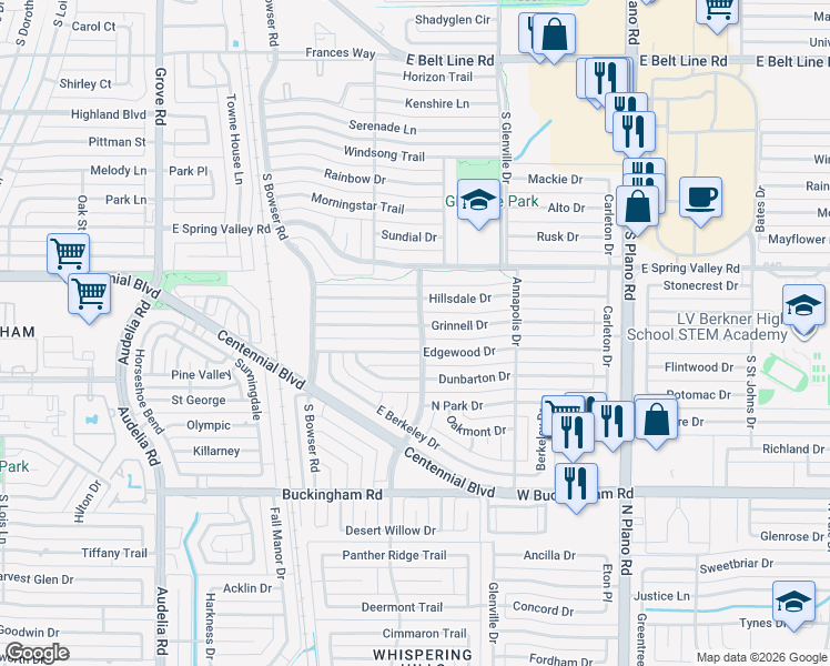 map of restaurants, bars, coffee shops, grocery stores, and more near 1001 Grinnell Drive in Richardson