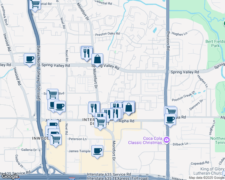 map of restaurants, bars, coffee shops, grocery stores, and more near 5630 Spring Valley Road in Dallas