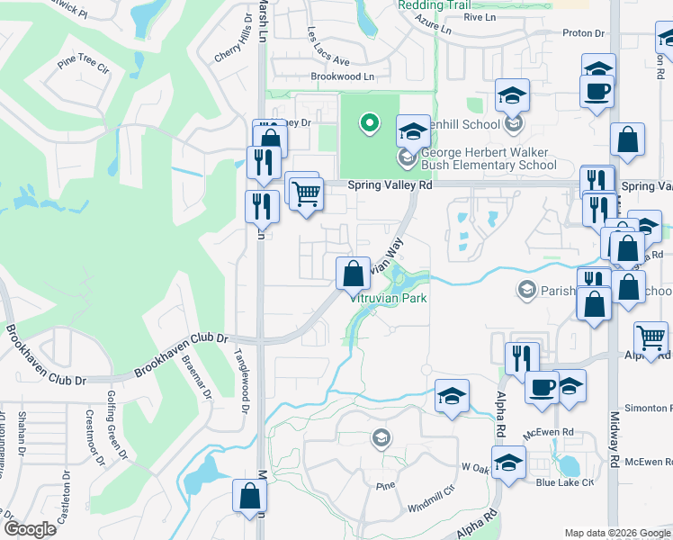 map of restaurants, bars, coffee shops, grocery stores, and more near 4005 Vitruvian Way in Addison