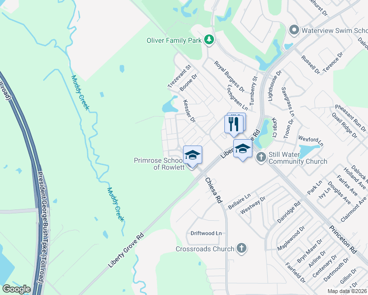 map of restaurants, bars, coffee shops, grocery stores, and more near 6406 Trafalgar Drive in Rowlett