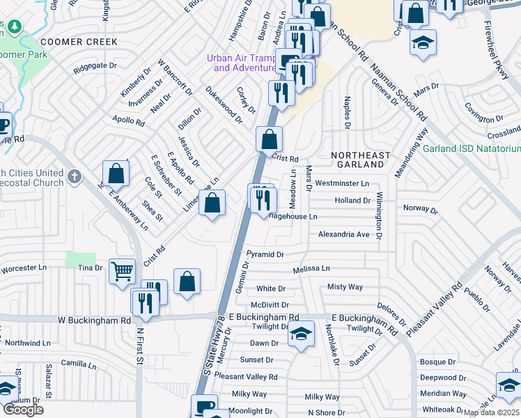 map of restaurants, bars, coffee shops, grocery stores, and more near 645 Carriagehouse Lane in Garland