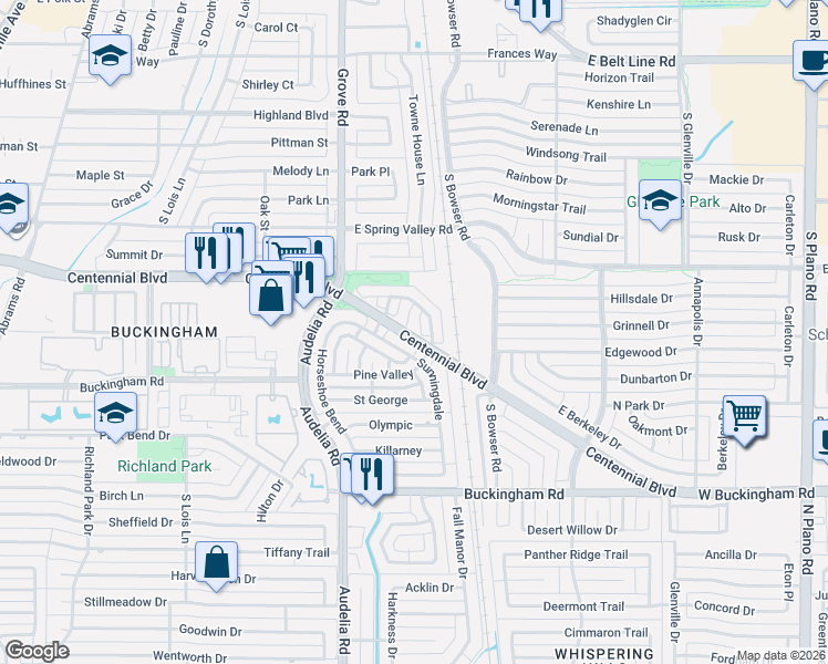 map of restaurants, bars, coffee shops, grocery stores, and more near 807 Oakway Court in Richardson