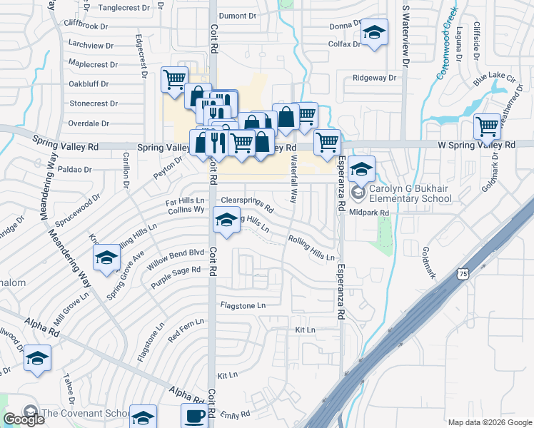 map of restaurants, bars, coffee shops, grocery stores, and more near 8149 Clearsprings Road in Dallas