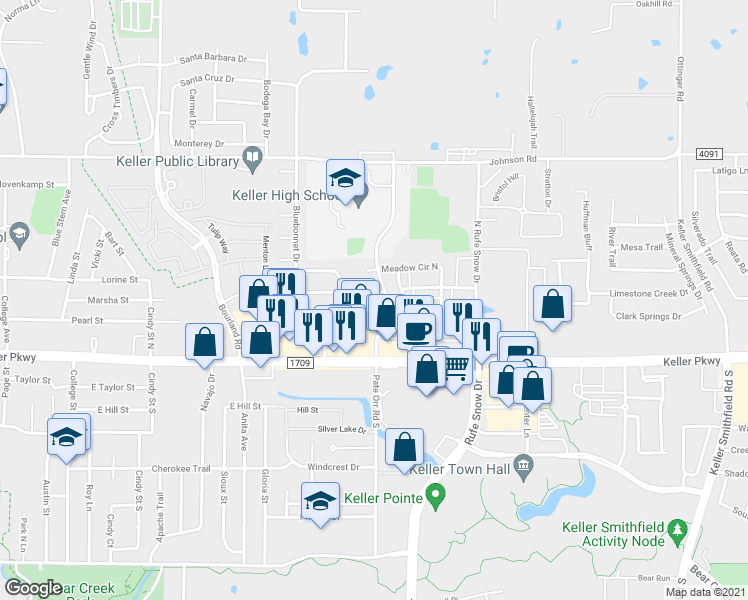 map of restaurants, bars, coffee shops, grocery stores, and more near 226 Overleaf Drive in Keller