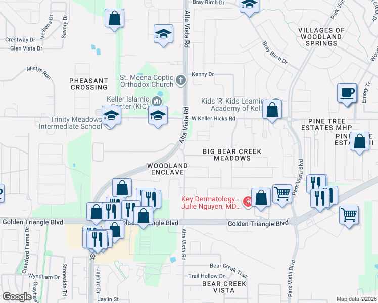 map of restaurants, bars, coffee shops, grocery stores, and more near 3705 Monica Lane in Fort Worth