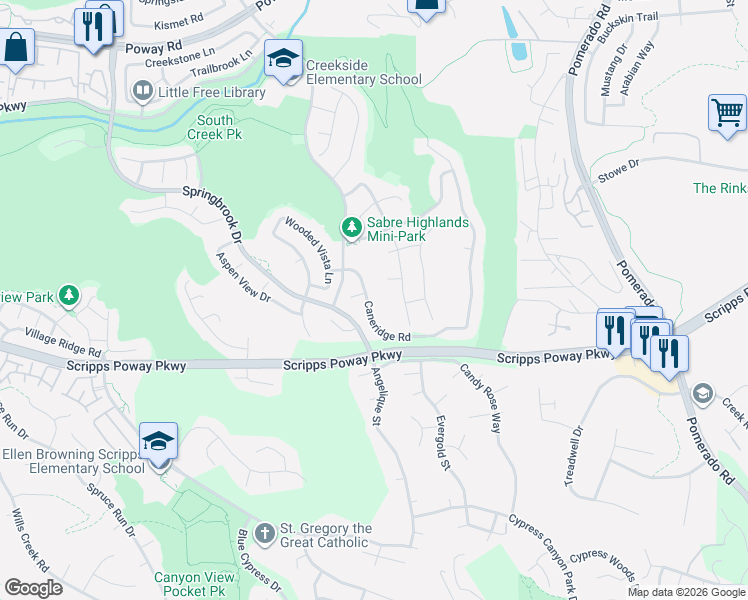 map of restaurants, bars, coffee shops, grocery stores, and more near 11979 Caneridge Rd in San Diego