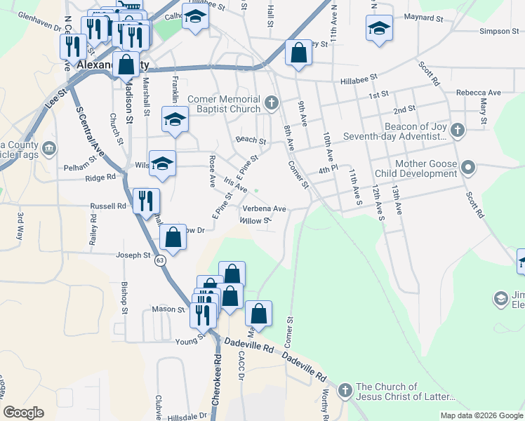 map of restaurants, bars, coffee shops, grocery stores, and more near 640 Iris Avenue in Alexander City