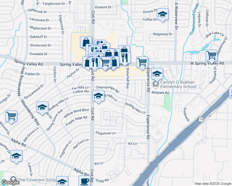 map of restaurants, bars, coffee shops, grocery stores, and more near 8149 Clearsprings Road in Dallas