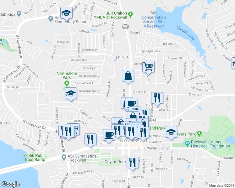 map of restaurants, bars, coffee shops, grocery stores, and more near 204 Westwood Terrace in Rockwall