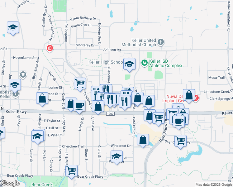 map of restaurants, bars, coffee shops, grocery stores, and more near 706 Paintbrush Drive in Keller