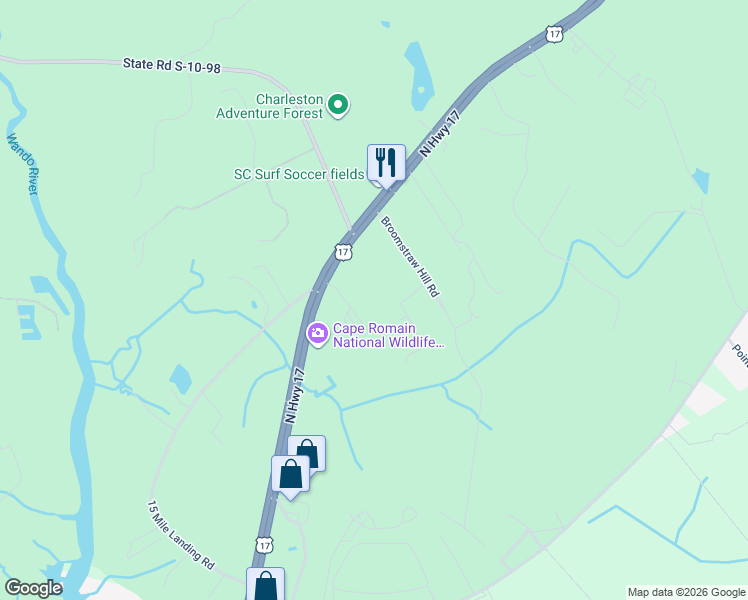 map of restaurants, bars, coffee shops, grocery stores, and more near 1064 Derries Road in Awendaw