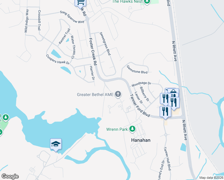 map of restaurants, bars, coffee shops, grocery stores, and more near 1505 Foster Creek Road in Hanahan