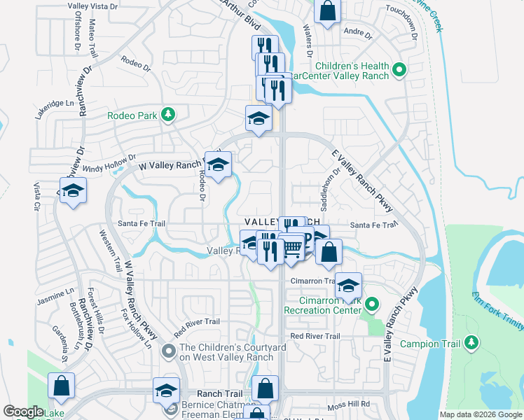 map of restaurants, bars, coffee shops, grocery stores, and more near 9416 Ruidosa Trail in Irving