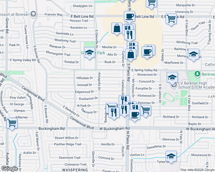 map of restaurants, bars, coffee shops, grocery stores, and more near 1305 Grinnell Drive in Richardson