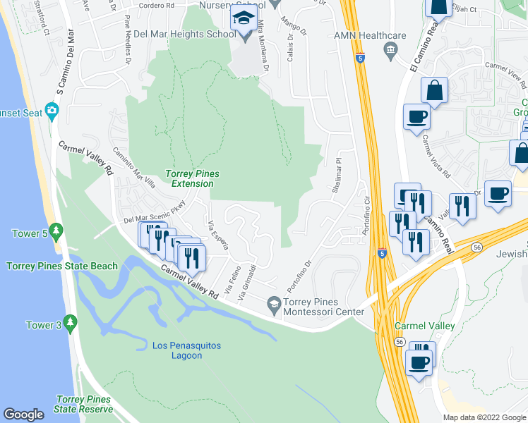 map of restaurants, bars, coffee shops, grocery stores, and more near 13069 Via Latina in Del Mar