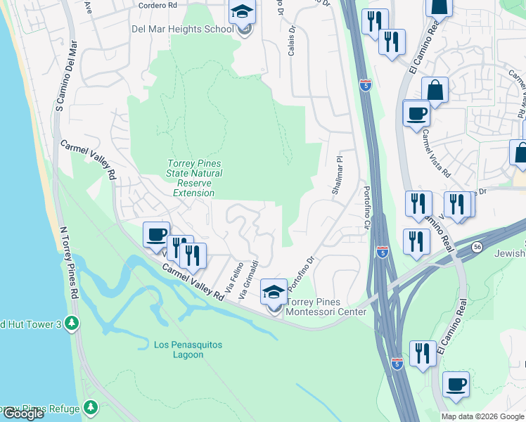 map of restaurants, bars, coffee shops, grocery stores, and more near 13069 Via Latina in Del Mar
