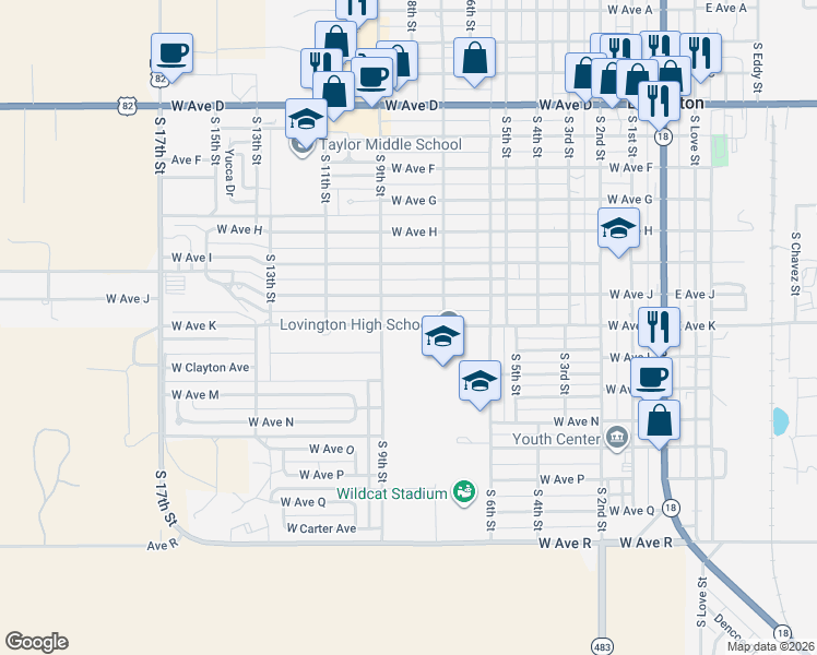 map of restaurants, bars, coffee shops, grocery stores, and more near West Avenue K in Lovington