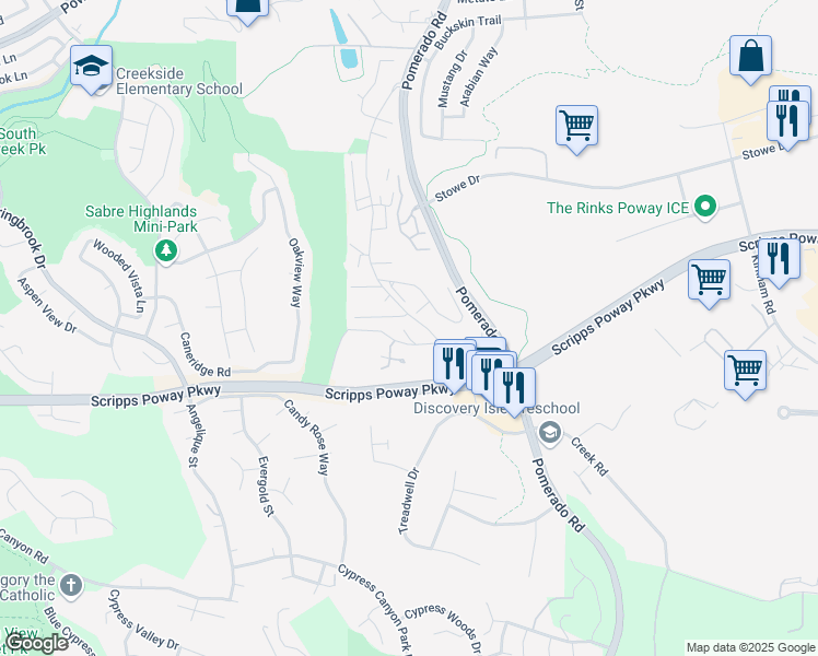 map of restaurants, bars, coffee shops, grocery stores, and more near 12020 Old Pomerado Road in Poway