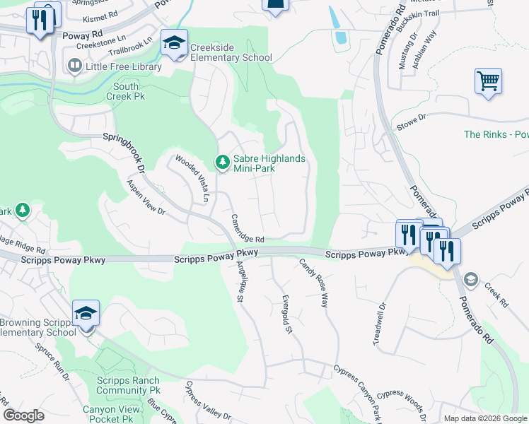 map of restaurants, bars, coffee shops, grocery stores, and more near 11981 Ashley Place in San Diego