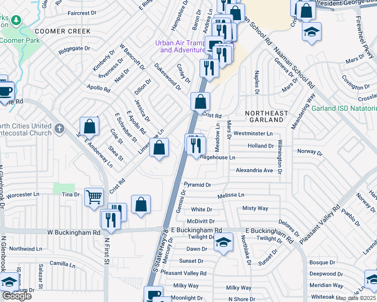 map of restaurants, bars, coffee shops, grocery stores, and more near 2506 Crist Road in Garland