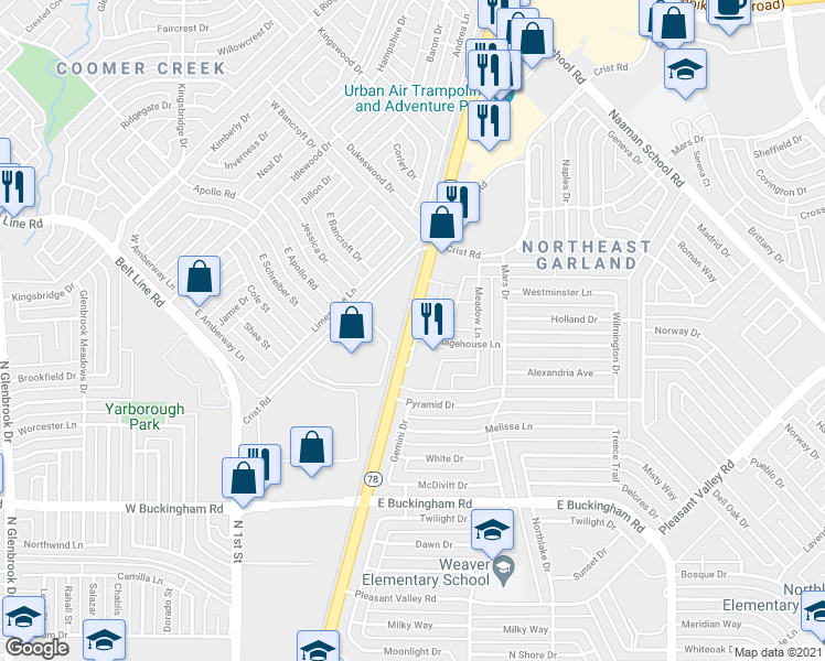 map of restaurants, bars, coffee shops, grocery stores, and more near 2506 Crist Road in Garland